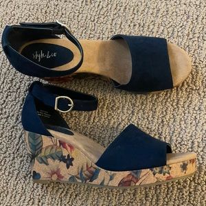 Navy blue suede wedges with floral heel